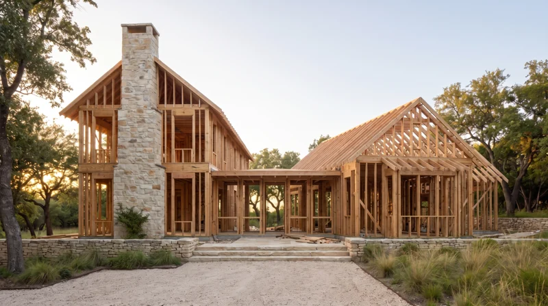 The timber frame of the residence.