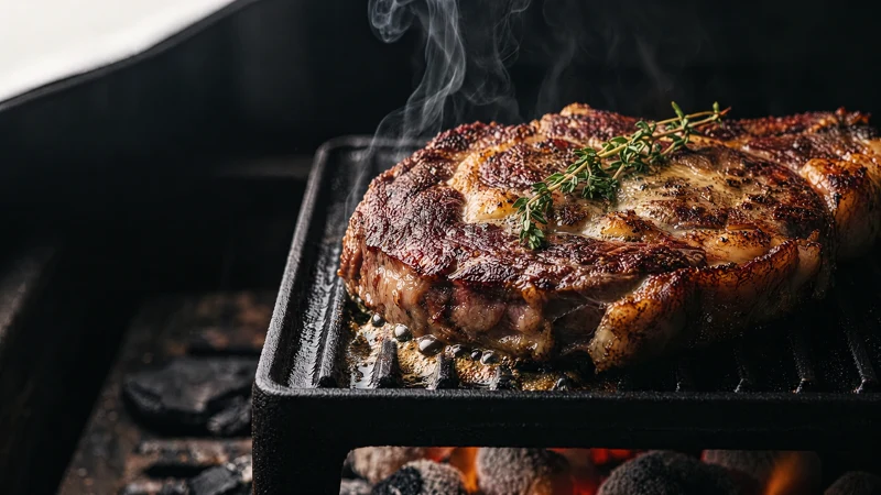 A richly seared steak with herbs photographed in warm light at Copper Pass.